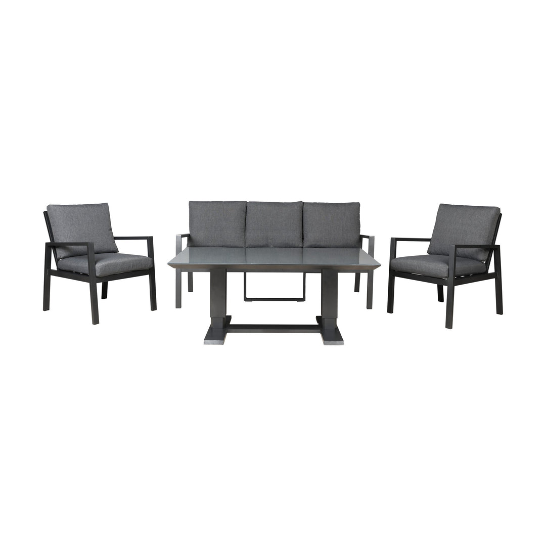 Manchester sofagruppe i grå med aluminiumsramme og glassbord, treseter sofa og to lenestoler