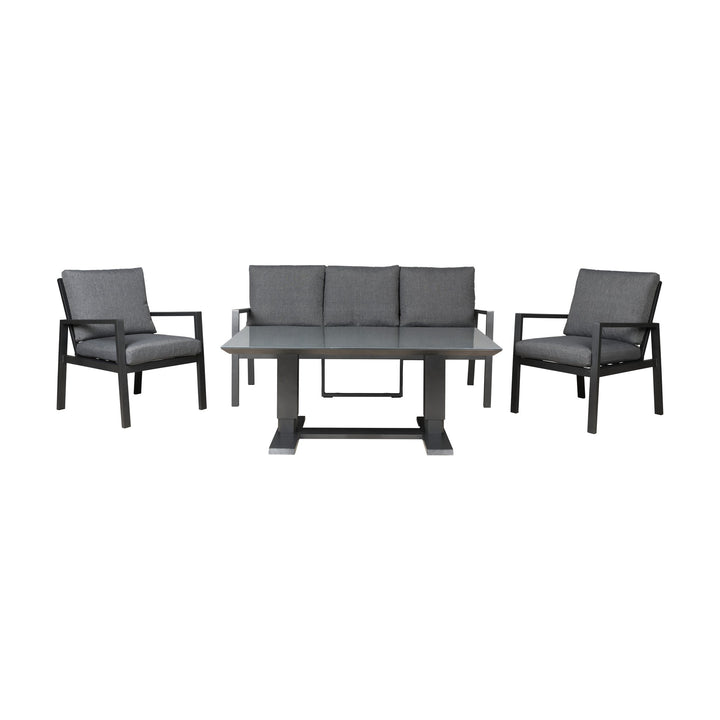 Manchester sofagruppe i grå med aluminiumsramme og glassbord, treseter sofa og to lenestoler
