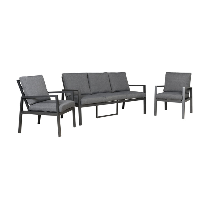 Manchester sofagruppe i mørk grå med aluminiumsramme, treseter sofa og to lenestoler