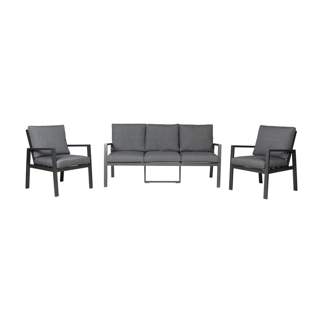 Manchester sofagruppe i grått med aluminiumsramme, treseter sofa og to lenestoler