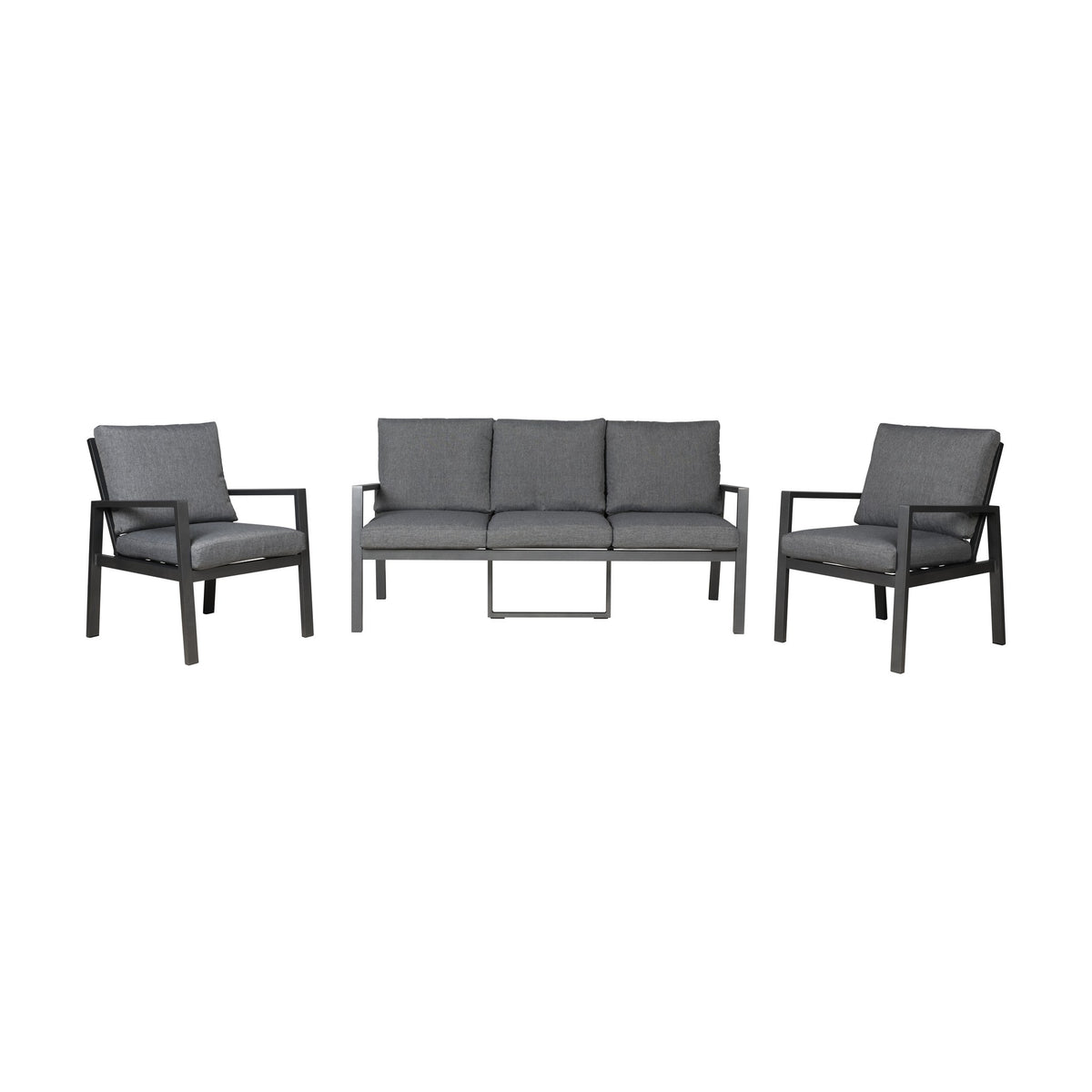 Manchester sofagruppe i grått med aluminiumsramme, treseter sofa og to lenestoler