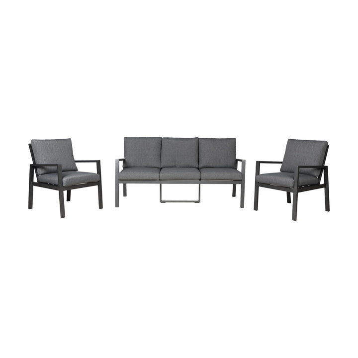 Manchester sofagruppe i grått med aluminiumsramme, treseter sofa og to lenestoler
