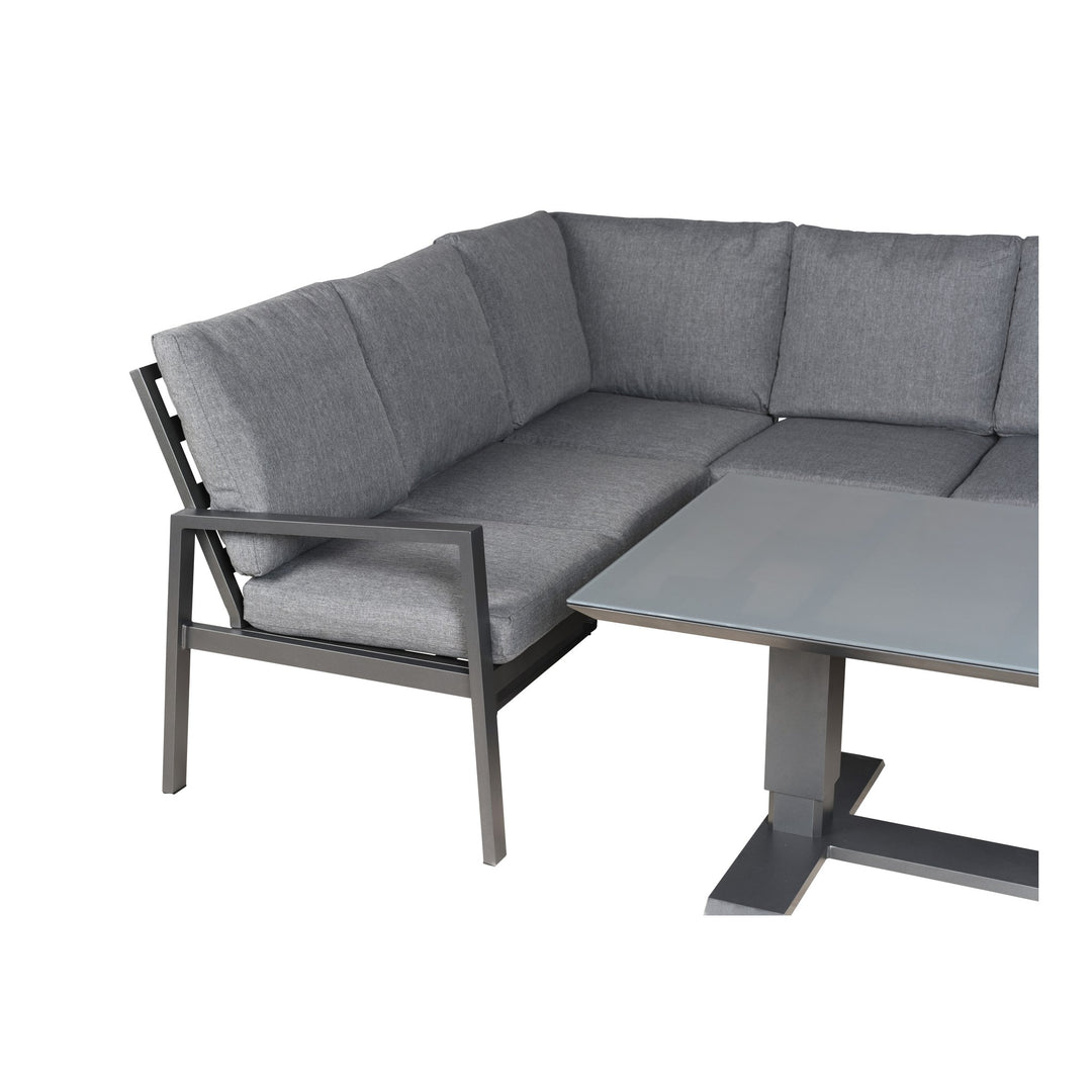 Manchester hjørnesofa i grå med sortlakkert aluminiumsramme og spisebord med glassplate