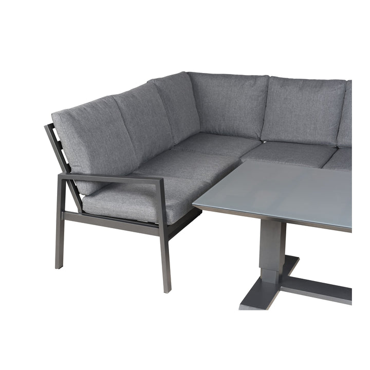 Manchester hjørnesofa i grå med sortlakkert aluminiumsramme og spisebord med glassplate