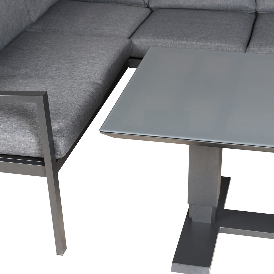 Manchester hjørnesofa i grå med aluminiumsramme, hjørneseksjon og bord med glassplate