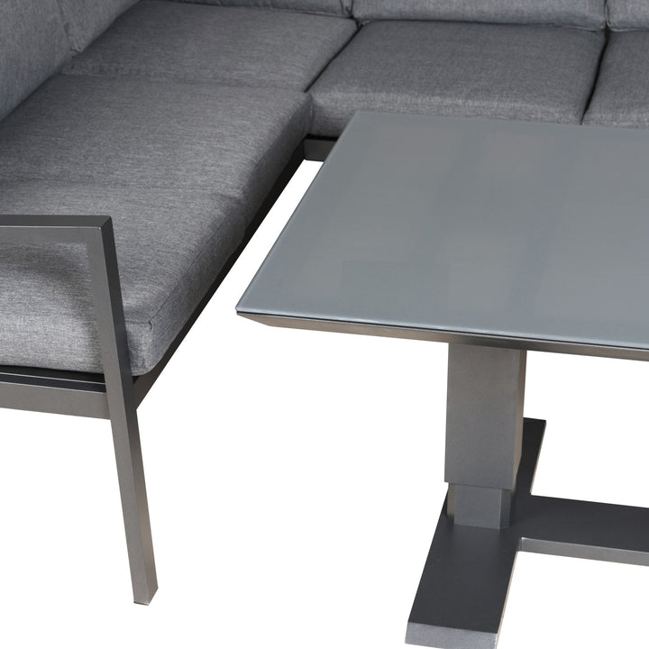 Manchester hjørnesofa i grå med aluminiumsramme, hjørneseksjon og bord med glassplate