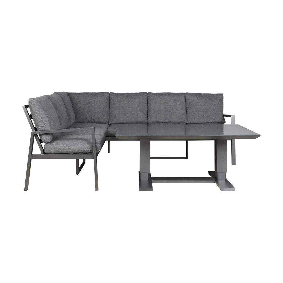 Manchester hjørnesofa i grå med aluminiumsramme og spisebord med glassplate