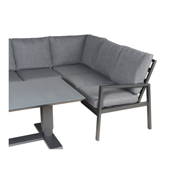 Manchester hjørnesofa i grå med aluminiumsramme, hjørneseksjon og bord med glassplate