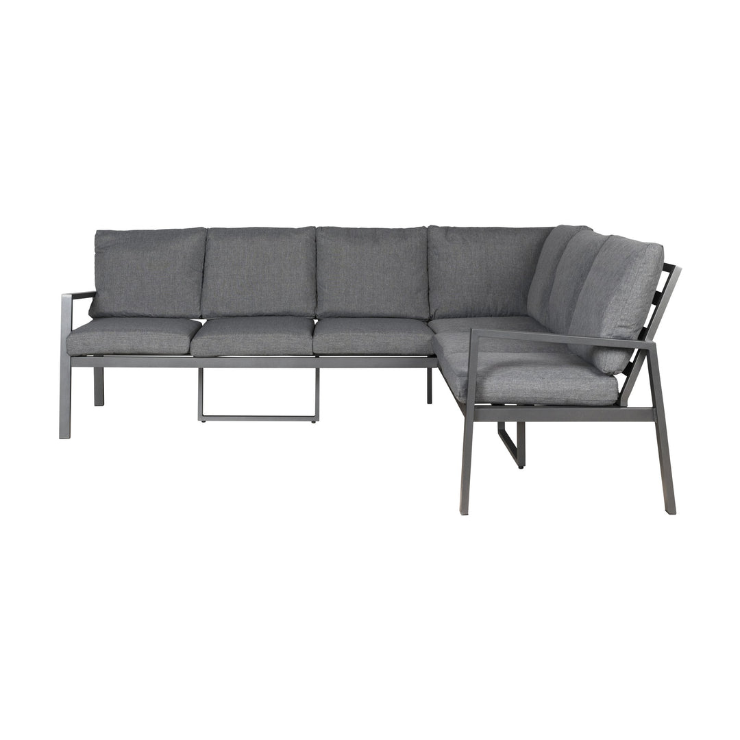 Manchester hjørnesofa i grått med mørk aluminiumsramme, sett forfra