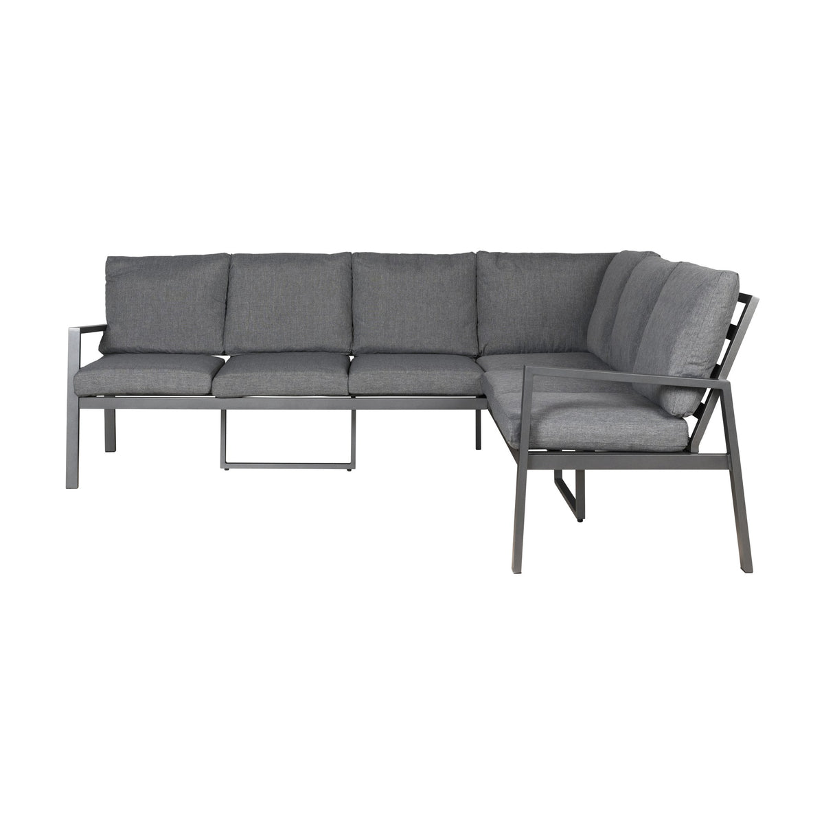 Manchester hjørnesofa i grått med mørk aluminiumsramme, sett forfra