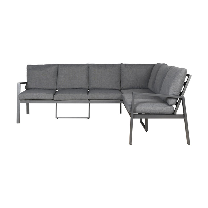Manchester hjørnesofa i grått med mørk aluminiumsramme, sett forfra