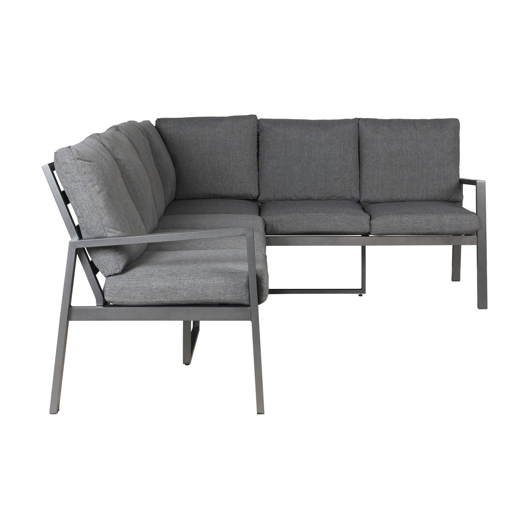 Manchester hjørnesofa i grått med mørk aluminiumsramme, sett fra siden
