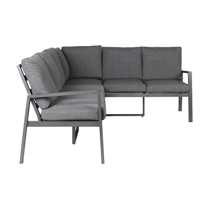 Manchester hjørnesofa i grått med mørk aluminiumsramme, sett fra siden