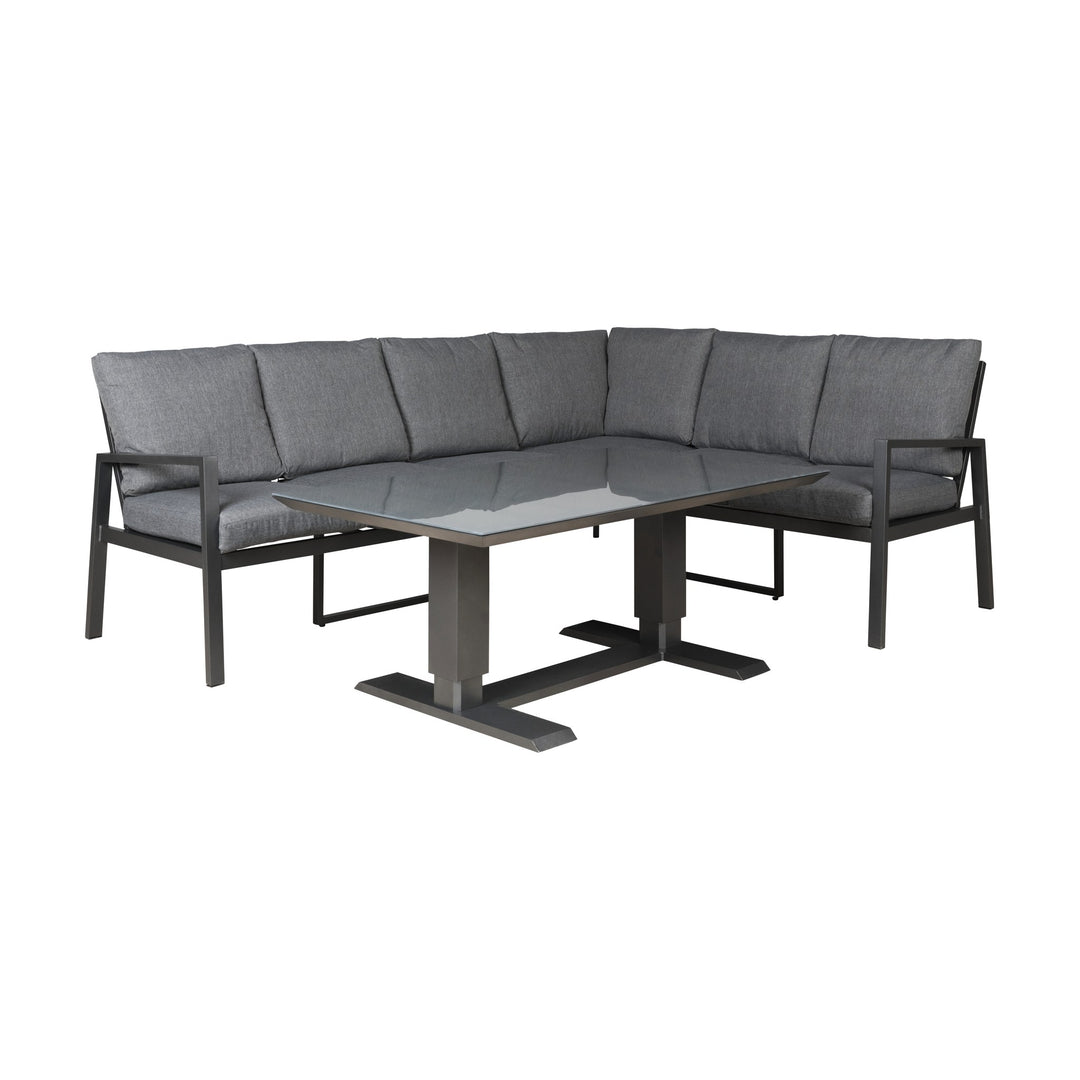 Manchester hjørnesofa i grått med glassbord og mørk aluminiumsramme