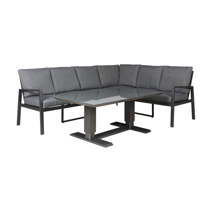 Manchester hjørnesofa i grått med glassbord og mørk aluminiumsramme