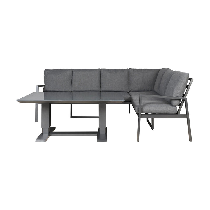 Manchester hjørnesofa i grått med glassbord, sett fra siden