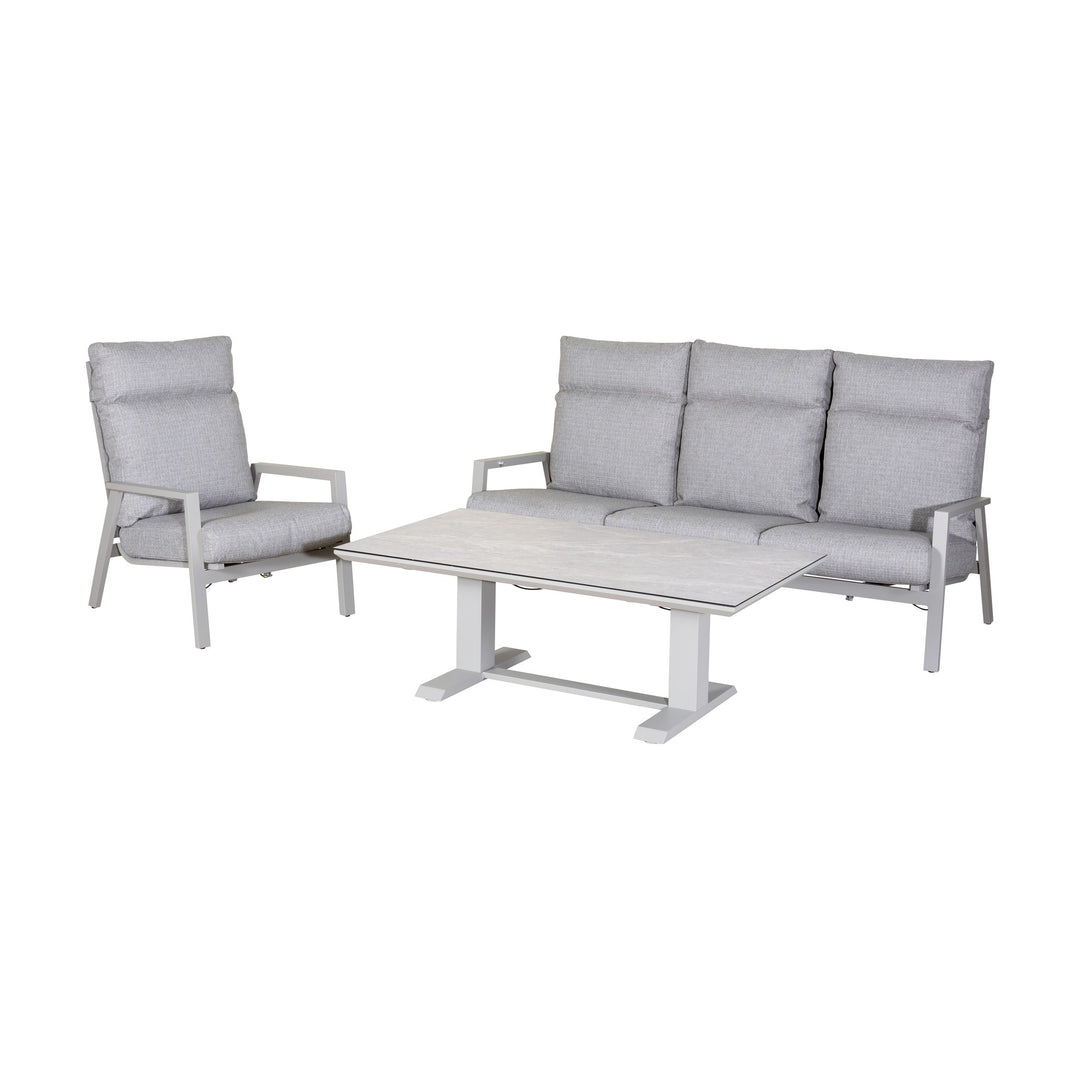 Palau loungeserie i hvit aluminium med lysegrå puter: sofa, lenestol og sofabord