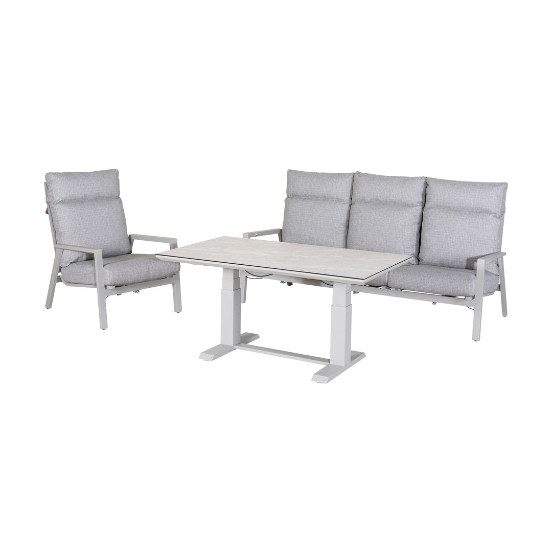 Palau loungeserie i hvit aluminium med lysegrå puter: sofa, lenestol og hev- og senkbart bord