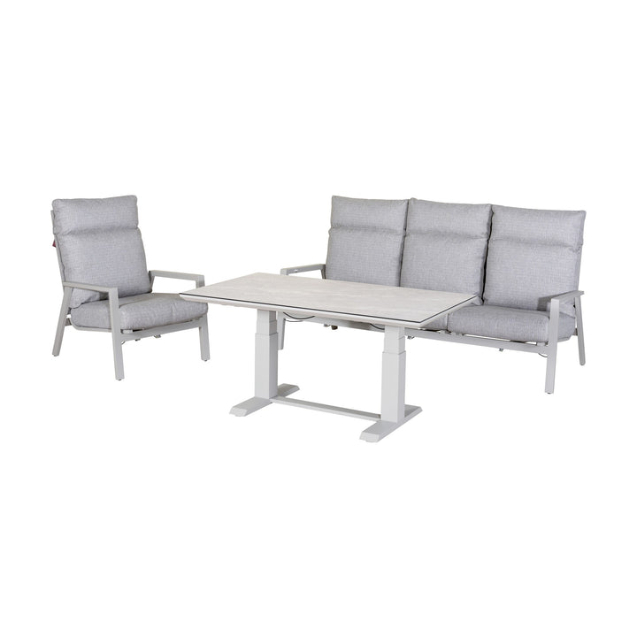 Palau loungeserie i hvit aluminium med lysegrå puter: sofa, lenestol og hev- og senkbart bord