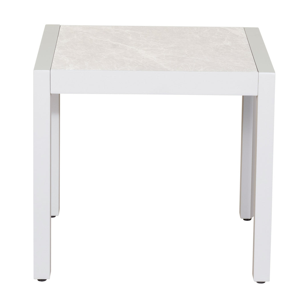Palau sidebord i hvit aluminium med lysegrå marmorert keramikkplate, sett forfra