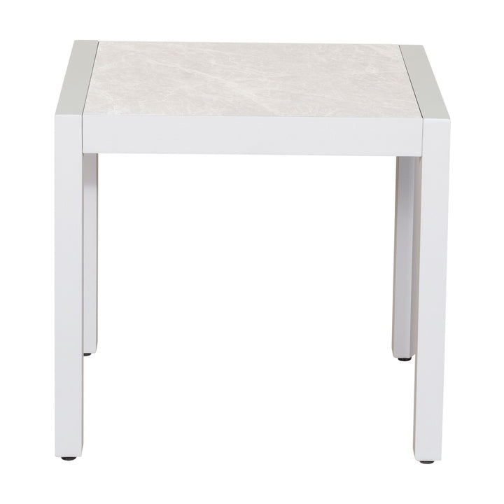 Palau sidebord i hvit aluminium med lysegrå marmorert keramikkplate, sett forfra