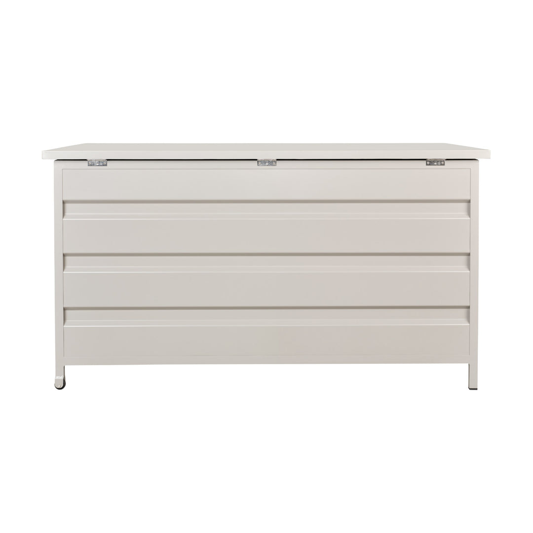 Box putekasse i lys gråbeige med sprinklet front, sett bakfra med lokk lukket.