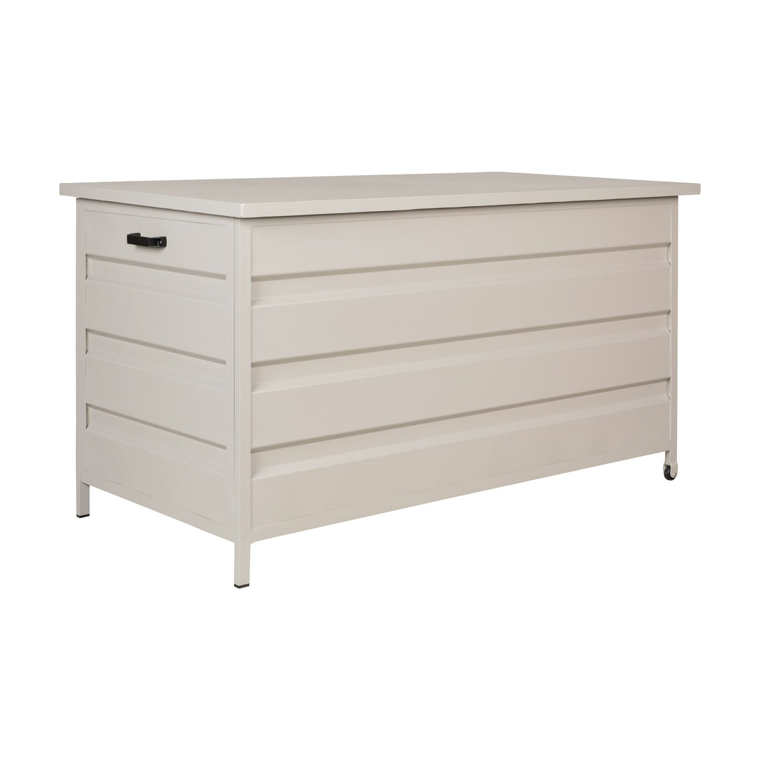Box putekasse i khaki metall med ribbet front og hjul
