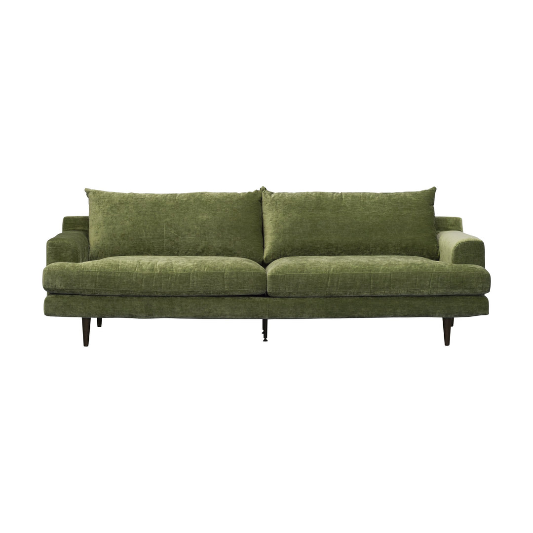 Leon sofa i chenille med løse rygg- og seteputer og mørke treben