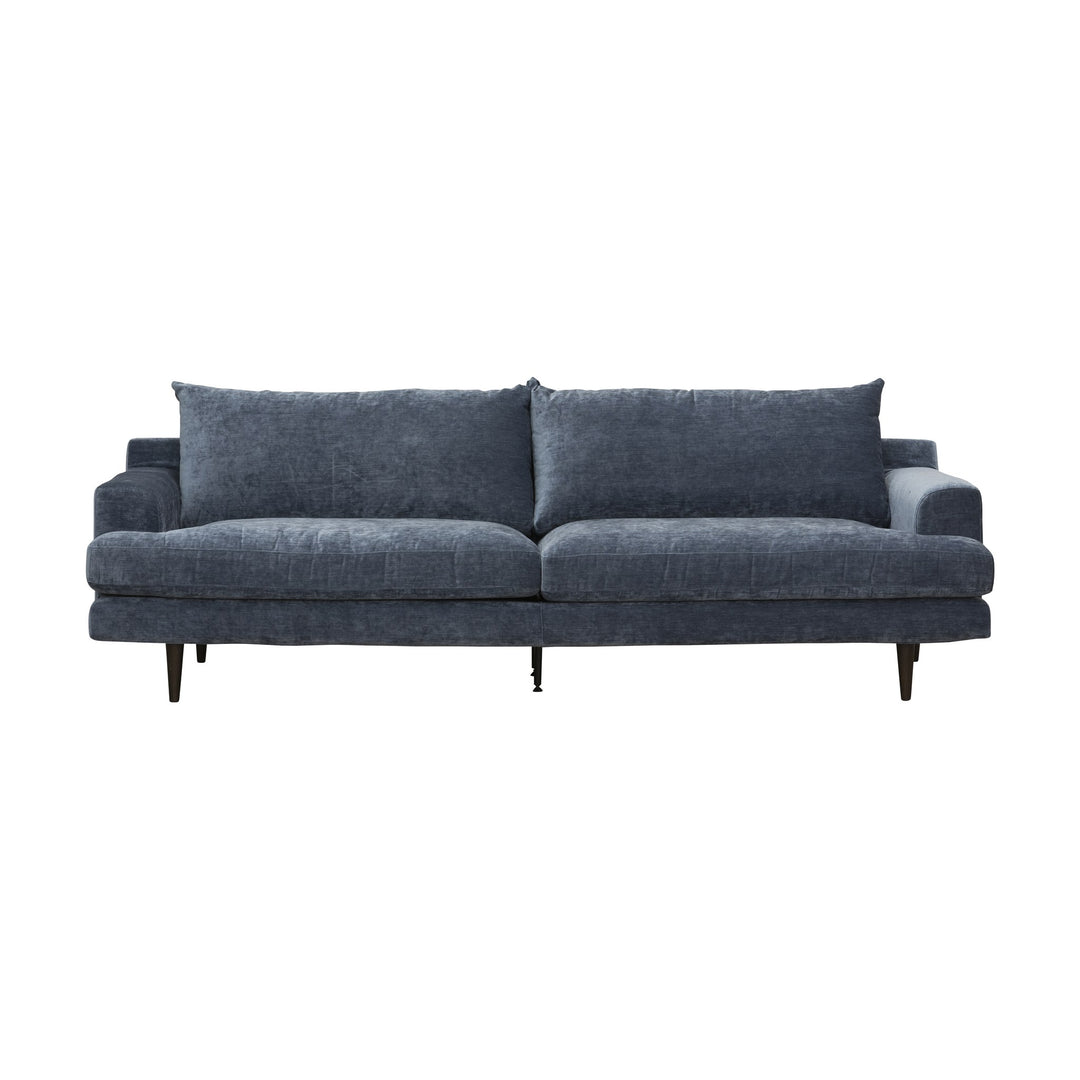 Leon sofa i chenille med løse rygg- og seteputer og mørke treben