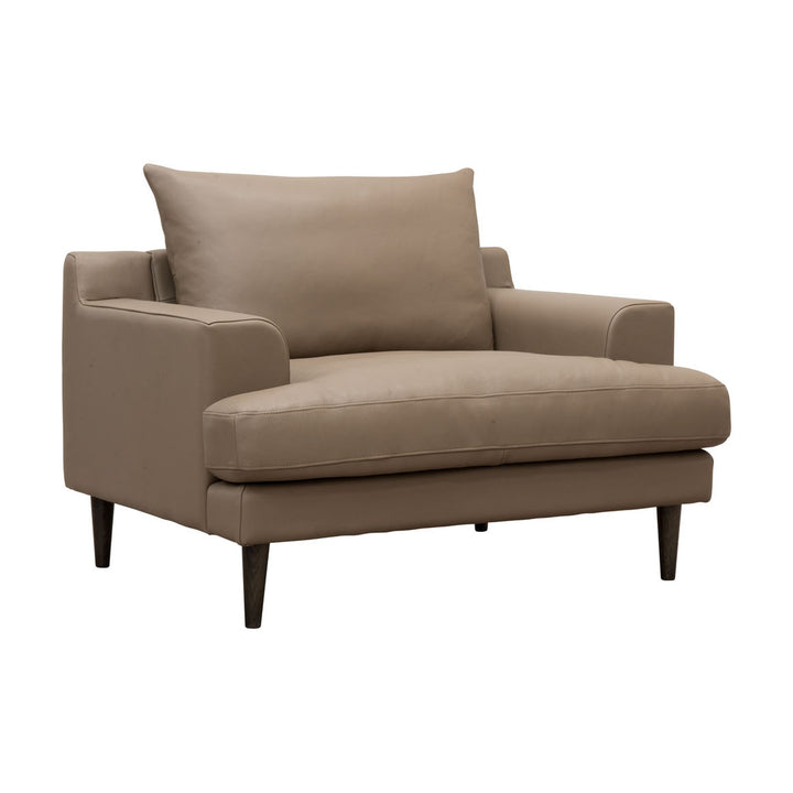 Leon sofa i taupe skinn, 1,5-seter med høy ryggpute og mørke treben, mot hvit bakgrunn.