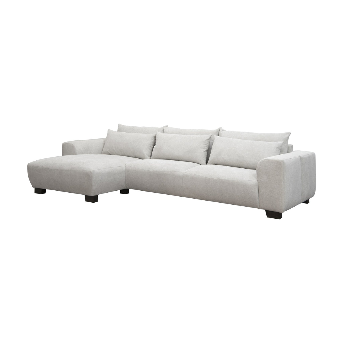 Smooth hjørnesofa i chenille med sjeselong og mørke treben