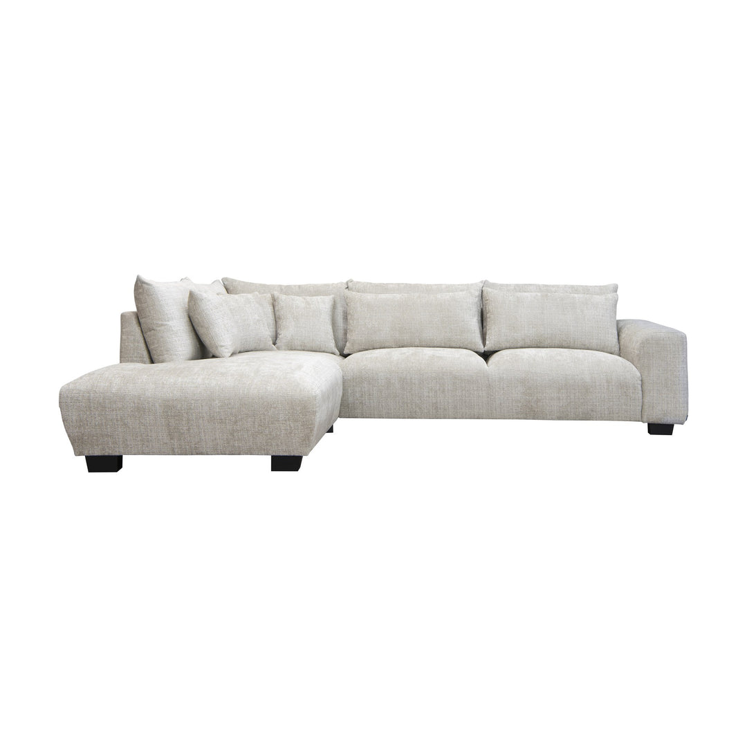 Smooth hjørnesofa i lys grå chenille med sjeselong og mørke treben