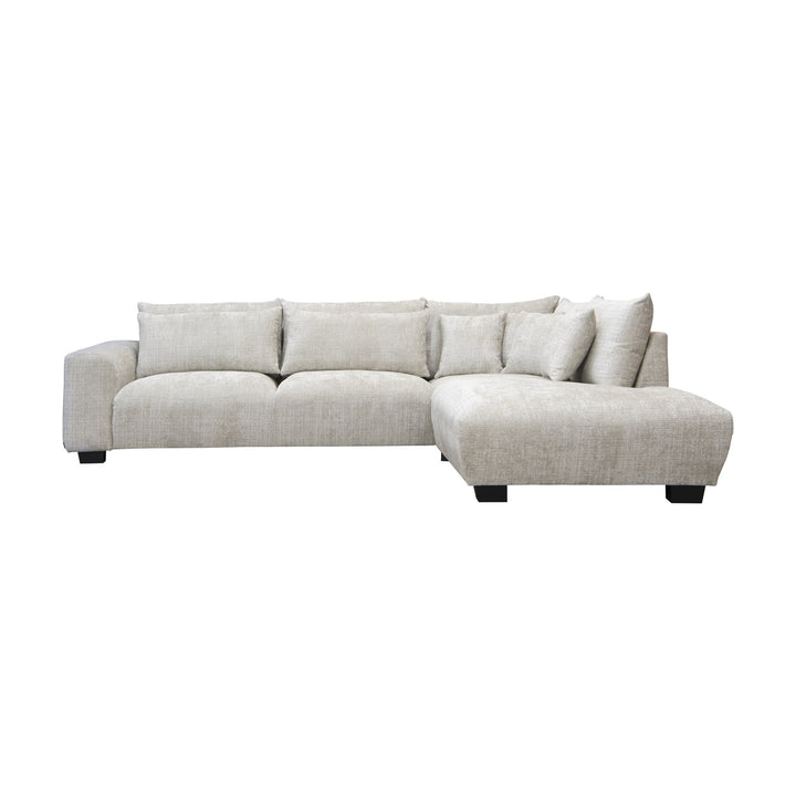 Smooth hjørnesofa i lys grå chenille med sjeselong og mørke treben