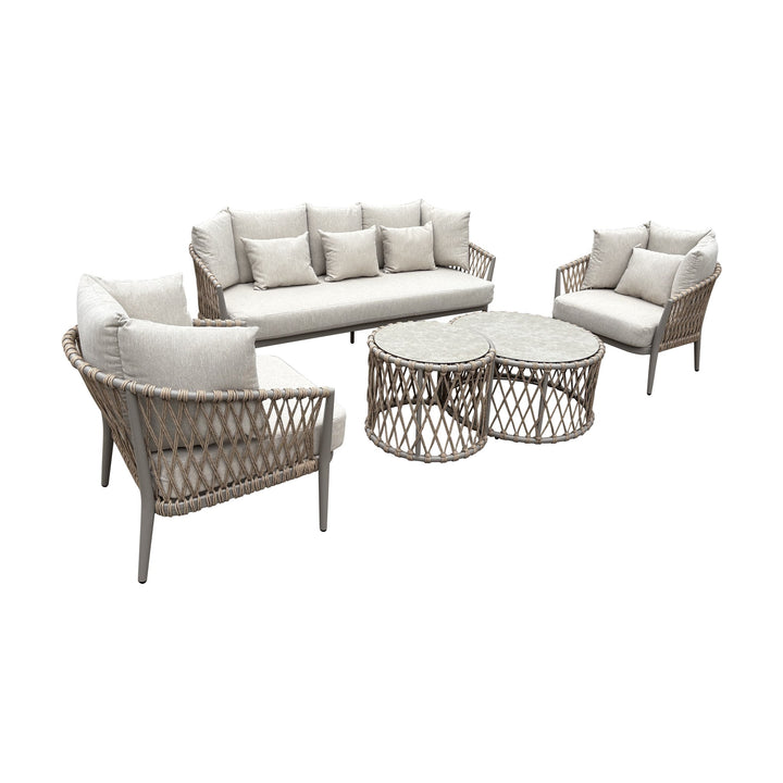 Aurora sofagruppe i natur kunstrotting med taupe ben, beige puter, sofa, to stoler og to bord
