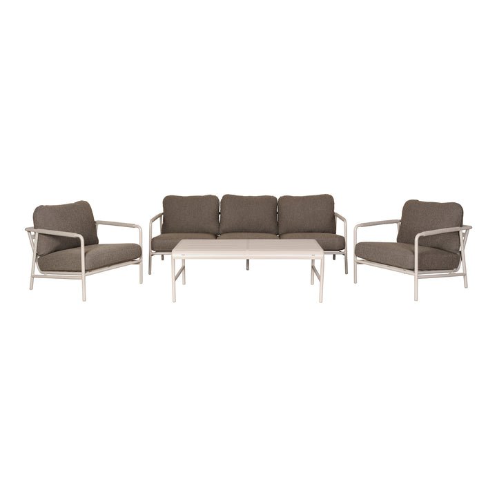 Cantos sofagruppe i mørk beige bouclé med sandfarget ramme, sofa, to lenestoler og spaltebord