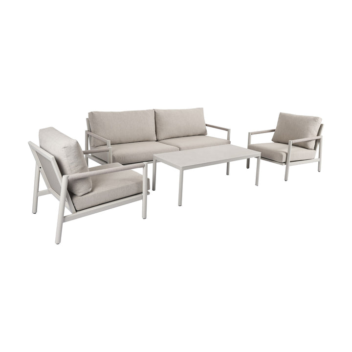 Valencia sofagruppe i oysterbeige, sofa, to lenestoler og bord med lys plate, sett skrått
