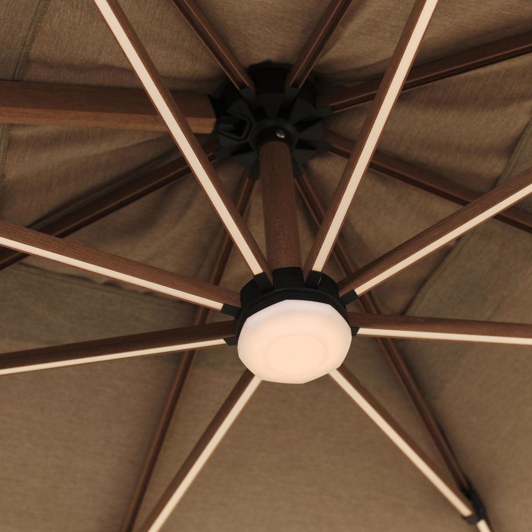 Trattoria parasoll, nærbilde av trelook-ribber med varme LED-lister og rund LED-lampe i navet