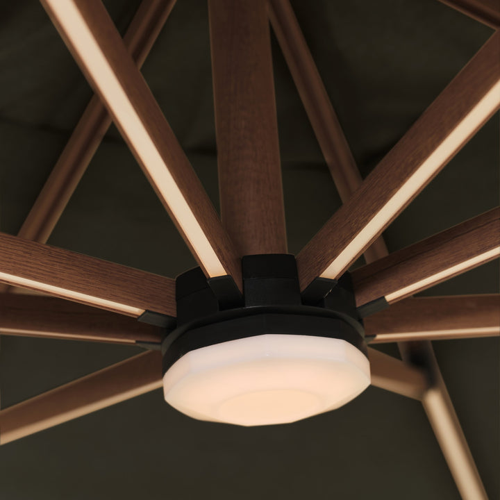 Trattoria parasoll i mørk grå med trelook-ribber, opplyste LED-lister og LED-lampe i navet
