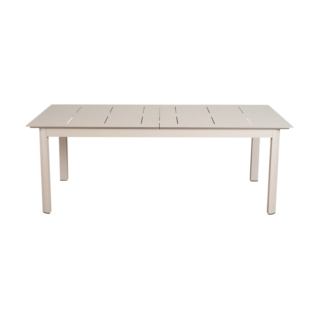 Bilbao spisebord i taupe med ileggsplate, langt hagebord i aluminium.