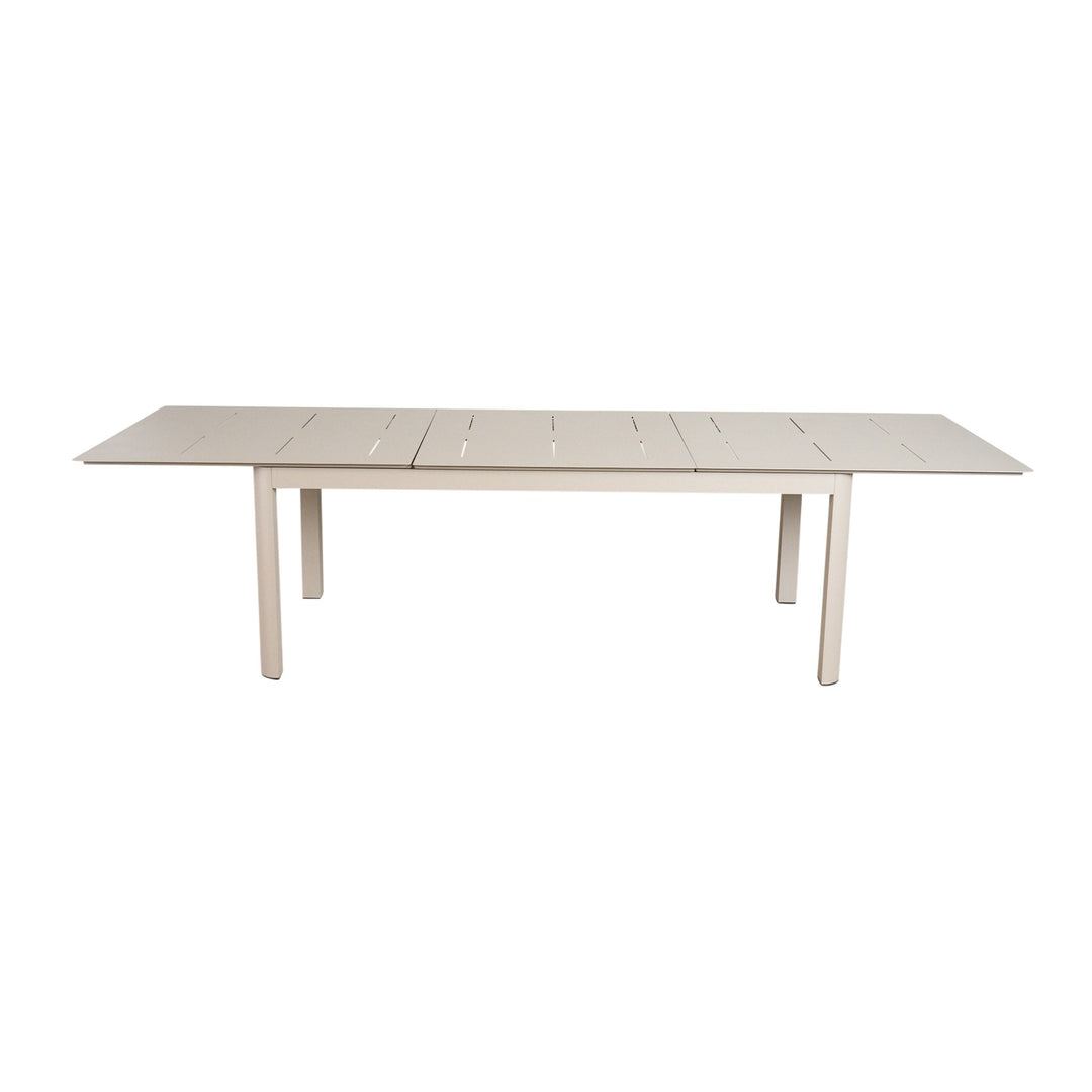 Bilbao spisebord i taupe, forlenget bordplate med spalter sett ovenfra.