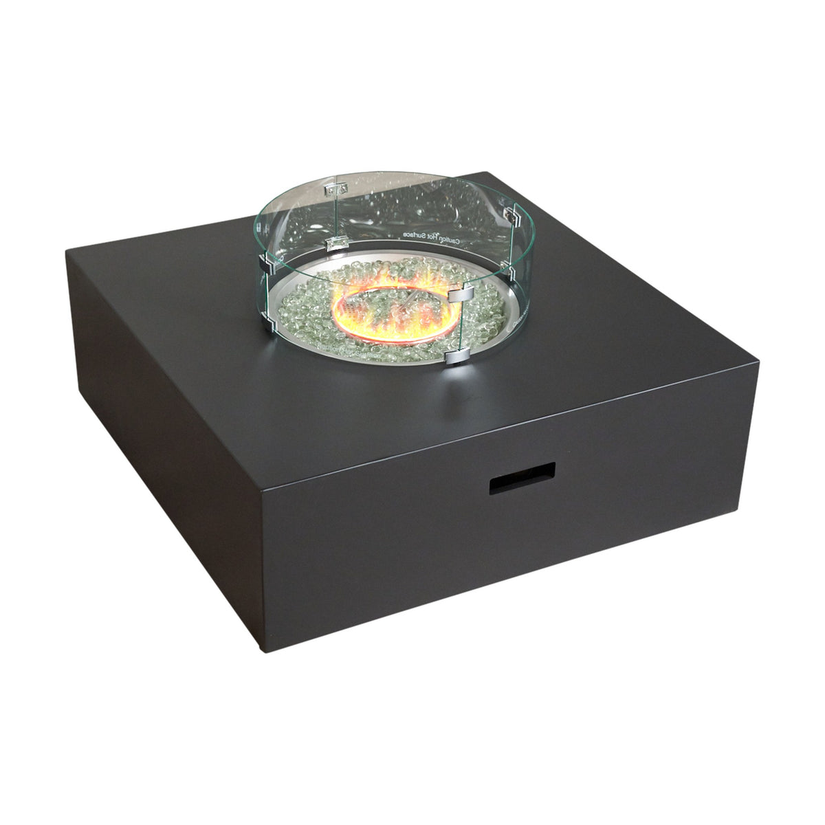 Flame sofabord, sort bålbord med rund glassvindskjerm