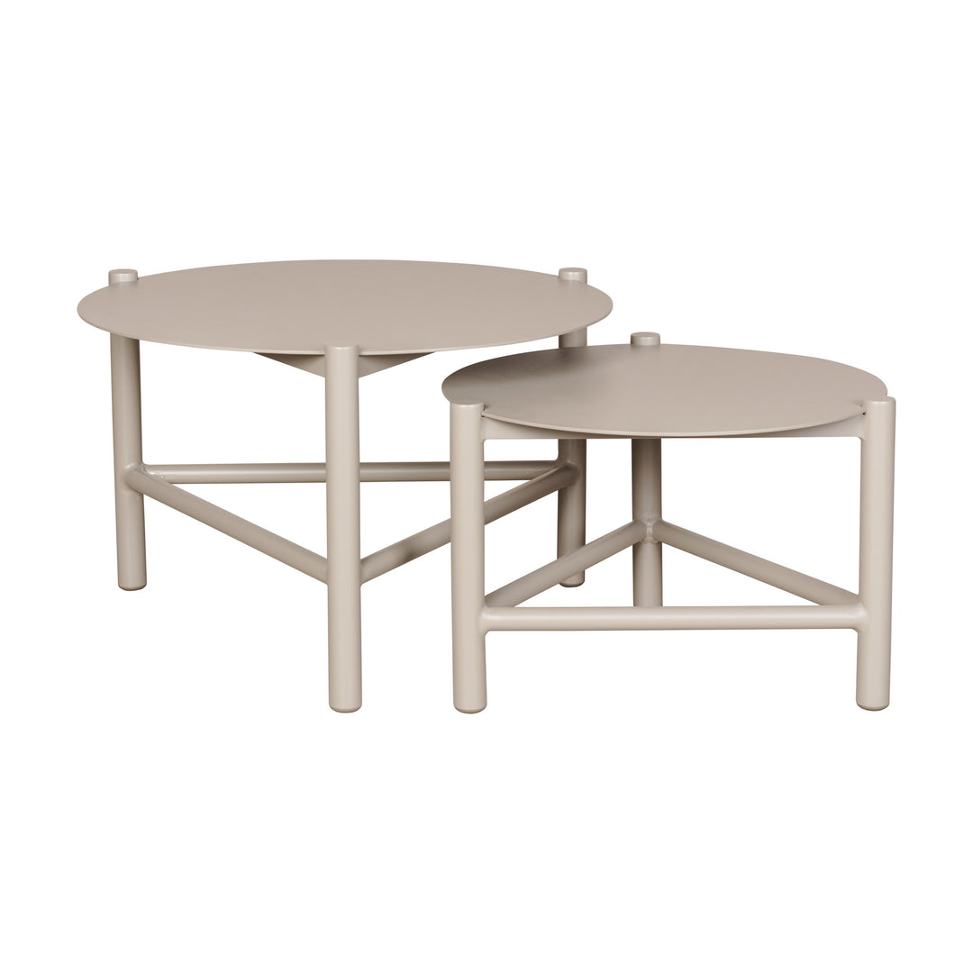 Torino sofabord i taupe, to runde settbord i lys beige metall med tynne ben, mot hvit bakgrunn