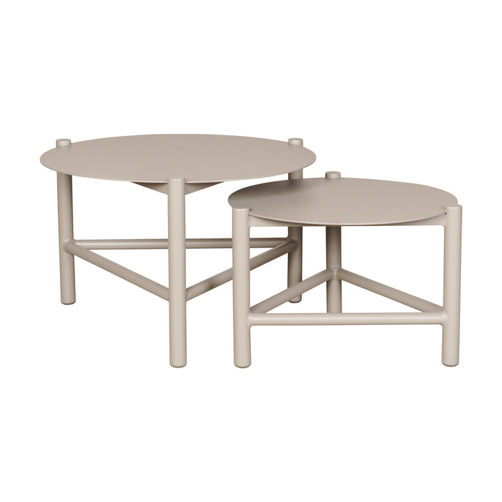 Torino sofabord i taupe, to runde settbord i lys beige metall med tynne ben, mot hvit bakgrunn