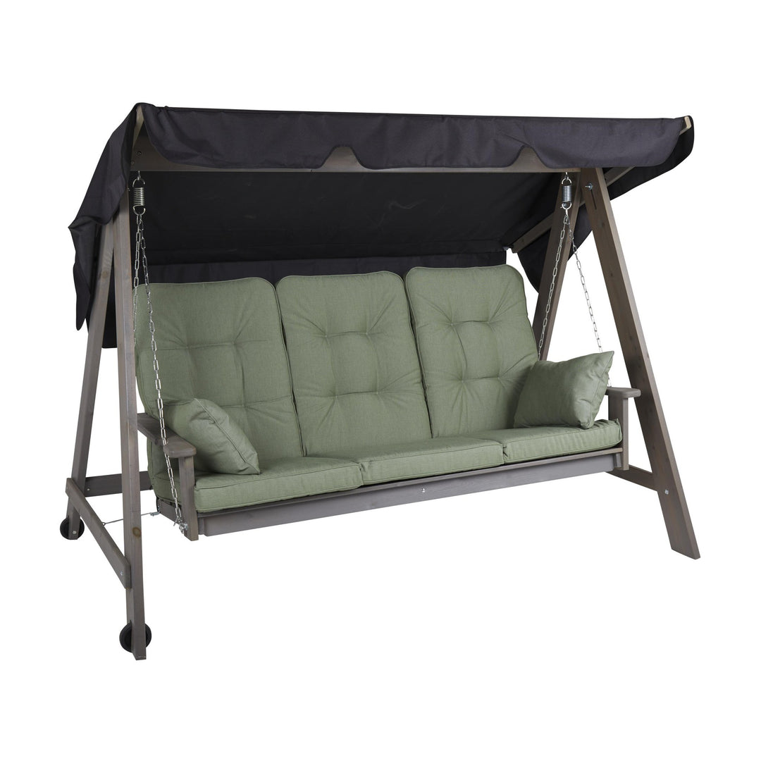 Brafab Iduna hammockputer i grønn på grå tremhammock for tre med mørk kalesje