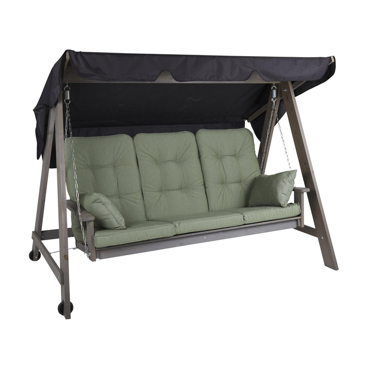 Brafab Iduna hammockputer i grønn på grå tremhammock for tre med mørk kalesje