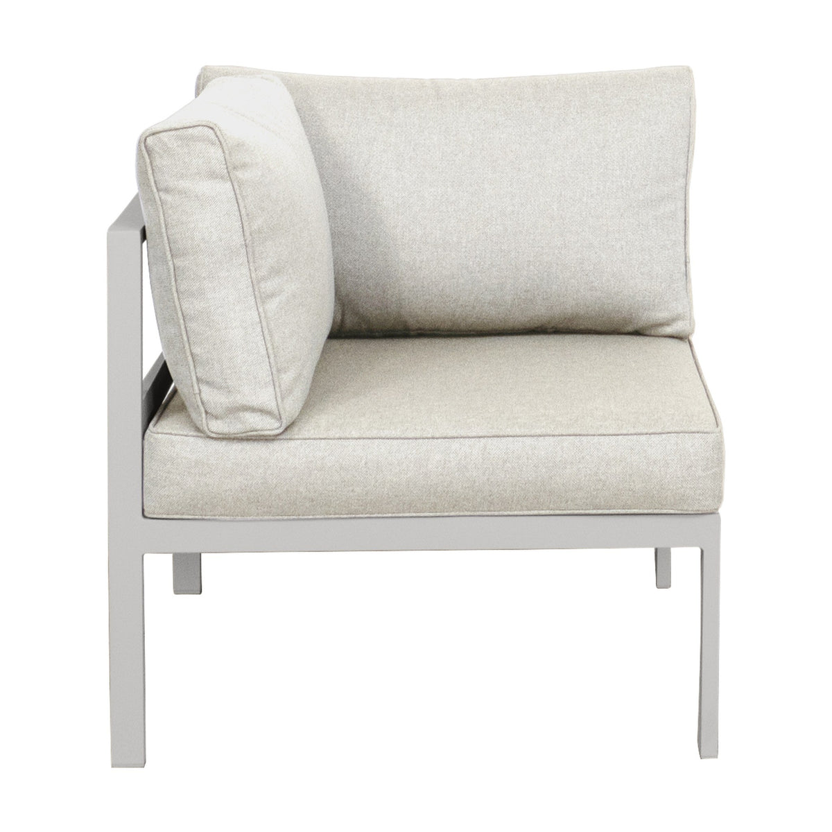 Brafab Leone hjørnedel med lys grå ramme og beige puter, sett fra siden