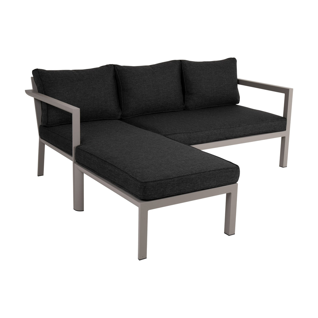 Brafab Delia utesofa med sjeselong, taupe ramme og beige puter, sett fra siden