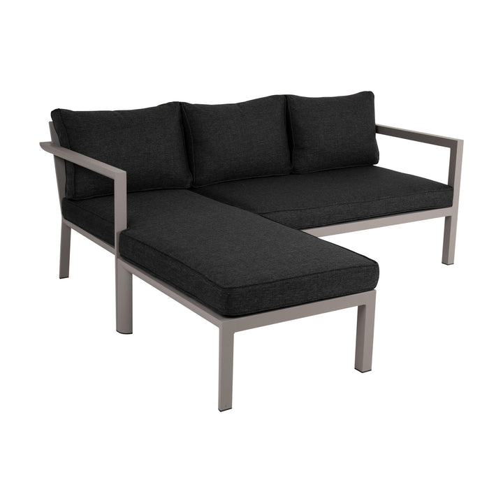 Brafab Delia utesofa med sjeselong, taupe ramme og beige puter, sett fra siden
