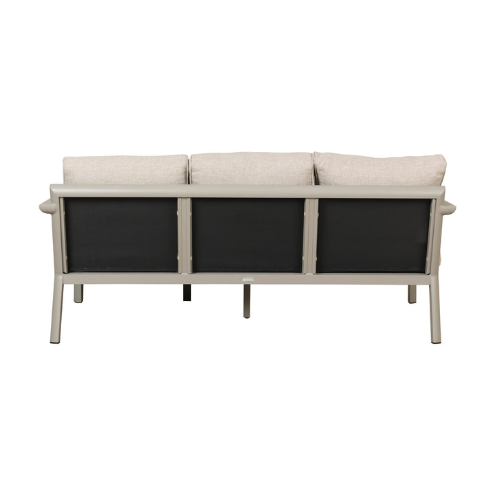 Brafab Delia utesofa med taupe ramme og beige puter, sett bakfra med sort mesh-rygg