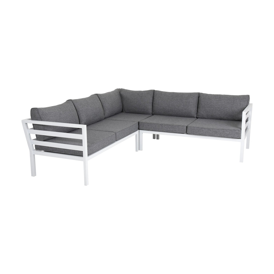 Brafab Weldon utesofa i hvit aluminium med grå puter, hjørneoppsett